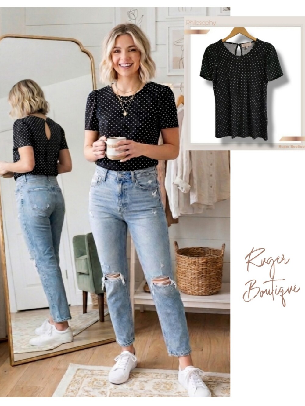 🌿Philosophy Women's Small Black & White Polka Dot Flared Shoulder Top